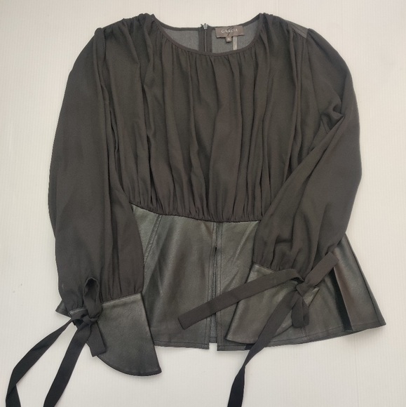 Gracia Black Peplum Chiffon Gathered Blouse With Faux Leather Accents. - Picture 2 of 9